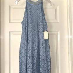 Blue Lace Dress with Pearl Detail
