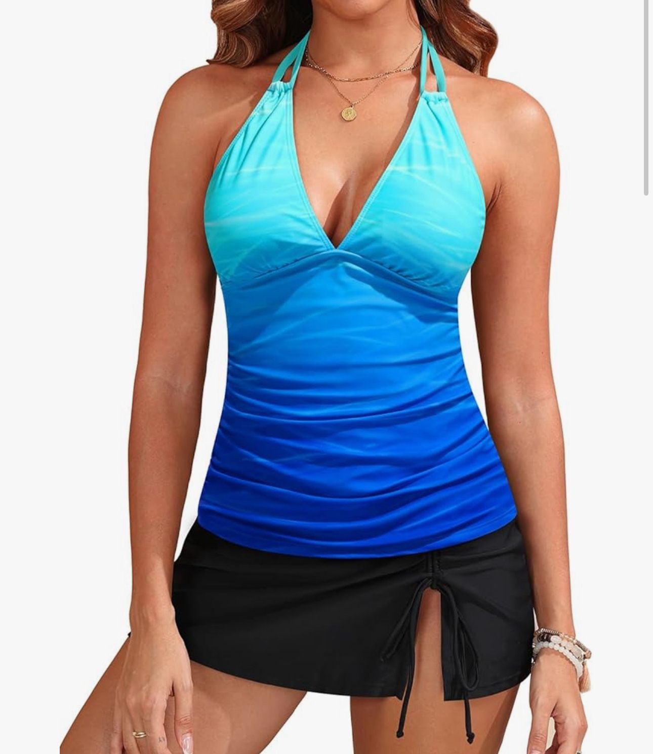 Yonique 2 Piece Swimsuits for Women Halter Tankini Top with Skirt Bottom Tummy Control Bathing Suit Medium