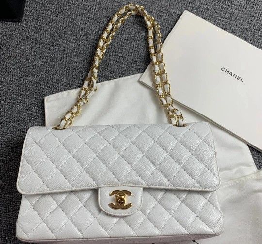 White Leather Chanel Flap Bag GHW