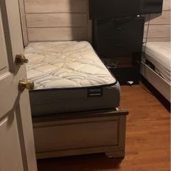 Two Tan Color Wood Twin Beds W/ Mattress & Box Spring 