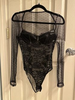Sheer Lace Polka Dot Long Sleeve Bodysuit – Lingerie / Gothic / Date Night