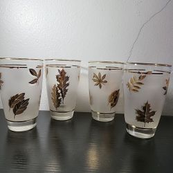 4 Vintage MCM Libbey Gold Leaf Frosted Drinking Glasses 12 Oz. 5 1/4"