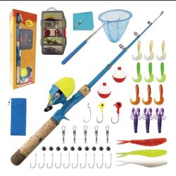 Brandnew Kids Fishing Pole Set, Kids Fishing Rod and Reel Combo and Fishing Net Tackle Box with Lures Hooks and Bag for Boys Girls Youth Fish