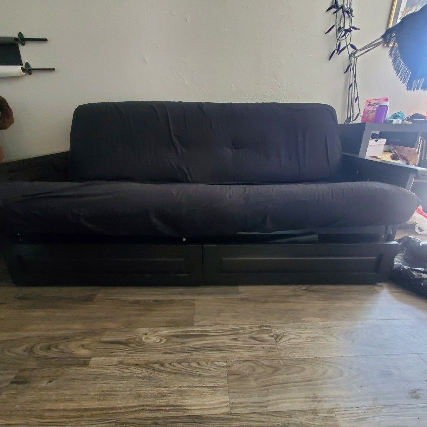 Futon With Collapsible Side Tables And Drawers
