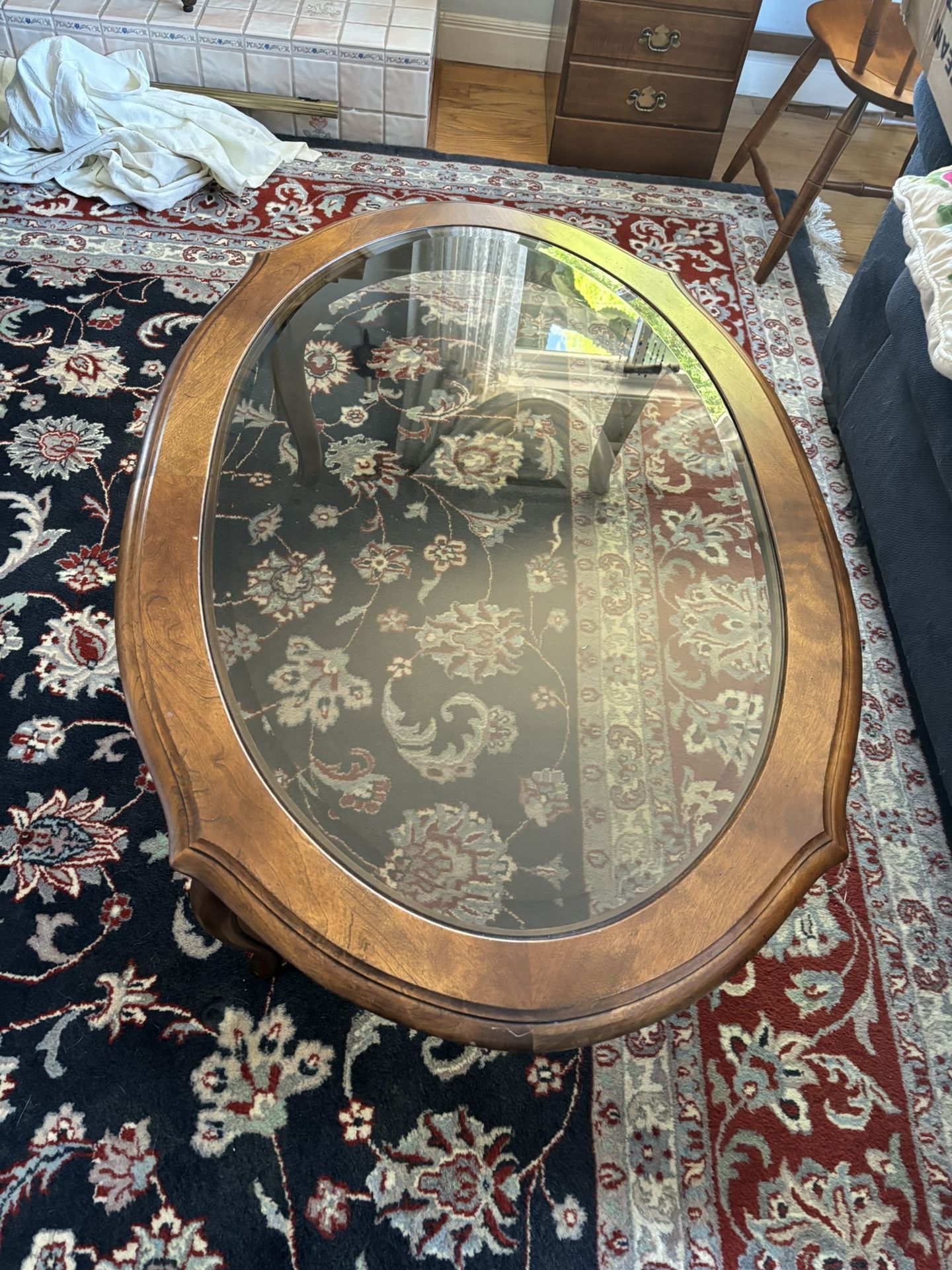 Ethan Allen Country French Coffee Table Oval Glass Birch