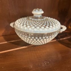 Fenton Hobnail Opalescent Moonstone Covered Candy Dish With Handles