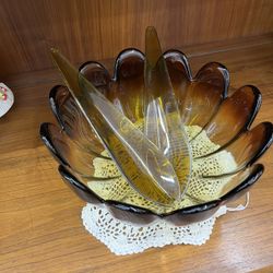 Vintage Indiana Glass Lotus bowl and utensils
