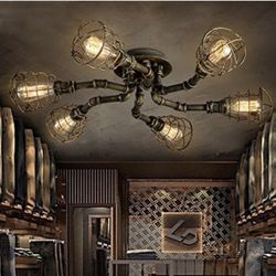 New open box Vintage Flush Mount Ceiling  Industrial Cage Pipe Pendant 6 Lights