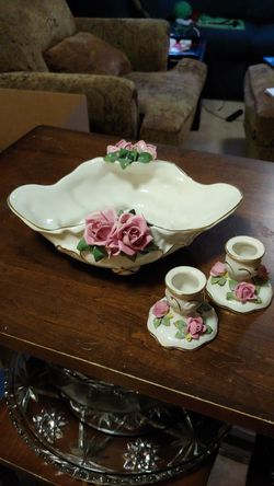C19th Antique Dresden Candle Sticks & Candy Dish