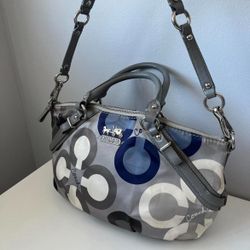 Coach Sophia Madison Clover Luxury Satchel Purse Blue Gray Sateen Leather 15946