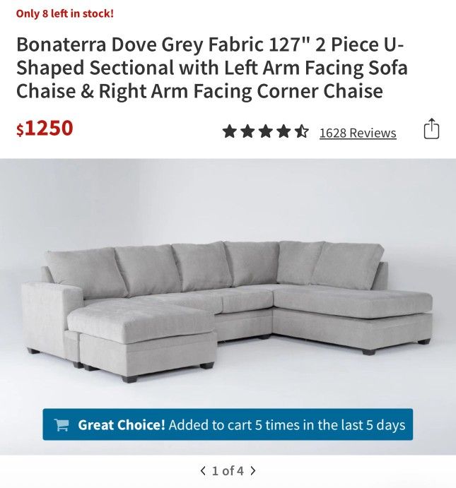 Bonaterra Dove Grey Fabric 2 Piece U-Shaped Sectional