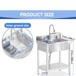 😀 Stainless Steel Utility Sink, 28"Freestanding Sink with Retractable Cold and Hot Water Faucet,Hoses and Drain Kit for Kitchens, Bathrooms, Garage, 