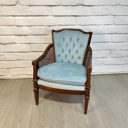 Vintage Blue Velvet Tufted Cane Armchair