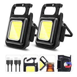 COB Rechargeable Keychain Flashlight 2Pack, High Lumen Super Bright LED Work Light with Magnet,Clip,Bottle Opener for Dog Walking,Car Repair,