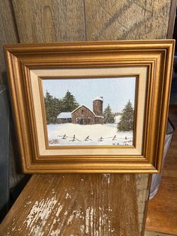 Snowy barn landscape painting