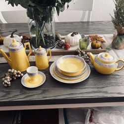 🌼 Antique 8 pc Victoria Czechoslovakia 1(contact info removed) Yellow & Blue Breakfast China #290