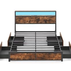 Queen Size LED Bed Frame With 2 Tier Storage Headboard And Drawers