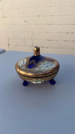 vintage Bohemian/Czech-style cobalt blue glass covered candy or trinket dish