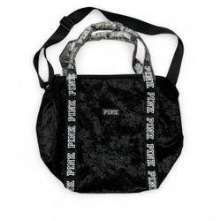 Victoria’s Secret Pink black logo crushed Velvet Duffle Bag