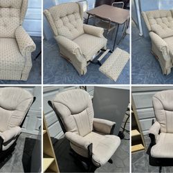 beige upholstered lazy chair LA-Z-boy recliner / rocker chair & Shermag padded cushions rocker / glider. $55 ea   