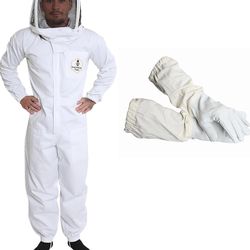 Professional Bee Suit with Gloves – Premium Cotton Beekeeper Suit, Includes Detachable Fencing Veil & Goatskin Bee Gloves, Complete Protective Gear Ki