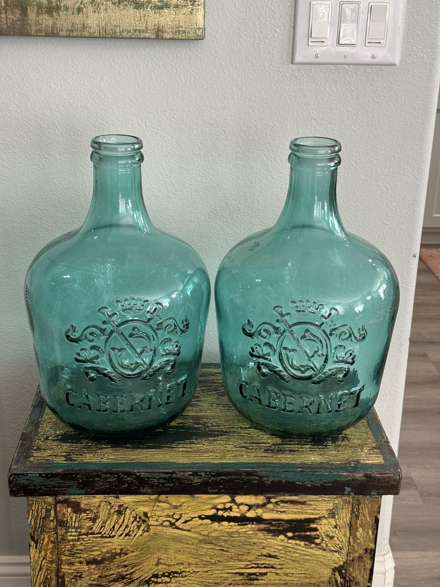 Pair of Large Teal Blue “Cabernet” Heavy Glass Jugs