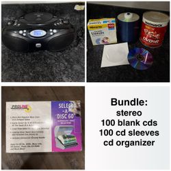 Am/Fm Stereo, 100 blank cds and 100 sleeve covers, cd storage