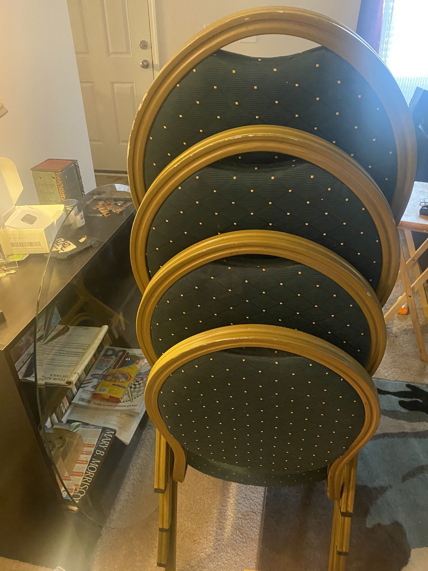 4 Gold And Green Metal Chairs With Deep Cushion