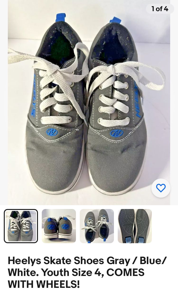 Heelys Skate Shoes Gray / Blue/White. Youth Size 4, COMES WITH WHEELS!