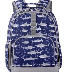 Boys Lightweight, Breathable, Wide Straps, 15” H Shark Back Pack. Color: Navy Blue /grey Sharks. 