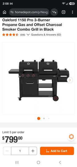 Nexgrill
Oakford 1150 Pro 3-Burner Propane Gas and Offset Charcoal Smoker Combo Grill.