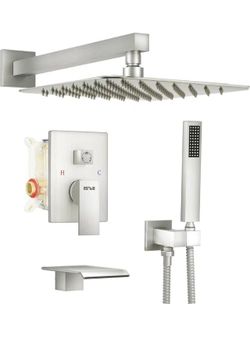 Shower System Brushed Nickel, Shower Head with Handheld Shower Faucet Set Complete with Tub Spout, 3-Way Rain Shower System, Shower Valve Included