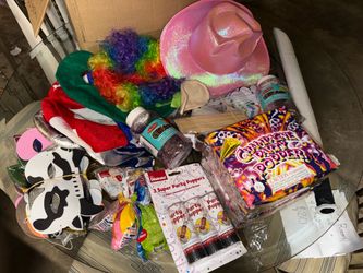 Box of Party Supplies (wigs, poppers, balloons, etc)