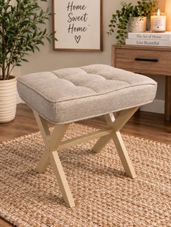 🤍 Beige Tufted Ottoman Bench with X-Leg Base