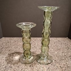 Vintage Set of 2 Avocado Green Heavy Bubble Glass Pillar Candlestick Holders Mid Century