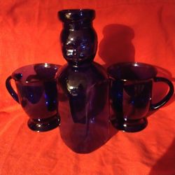 Vintage Cobalt Blue lot : Pair of Cafe' Mugs & Baby Face Milk Bottle