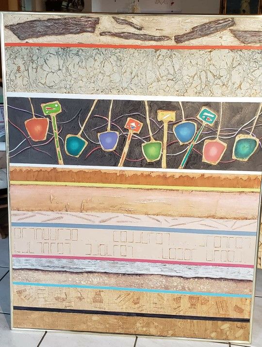 Ruth Martha Kochta Large 54.5" x42" Mixed Media Painting "Party In The Italian Countryside" Featuring Wine Lables...