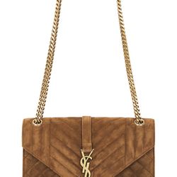 SAINT LAURENT MEDIUM ENVELOPE BAG TRI-QUILTED CARAMEL BROWN SUEDE GOLD HW NEW