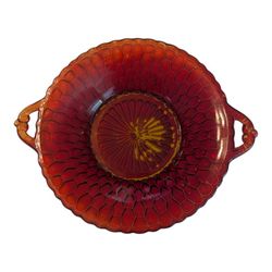 Vintage Indiana Glass Red Ruby Gold W Gold Handles Honeycomb Relish Dish Bowl