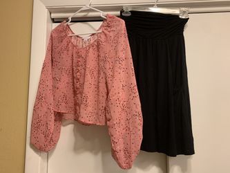 XS boutique shirt and black skirt