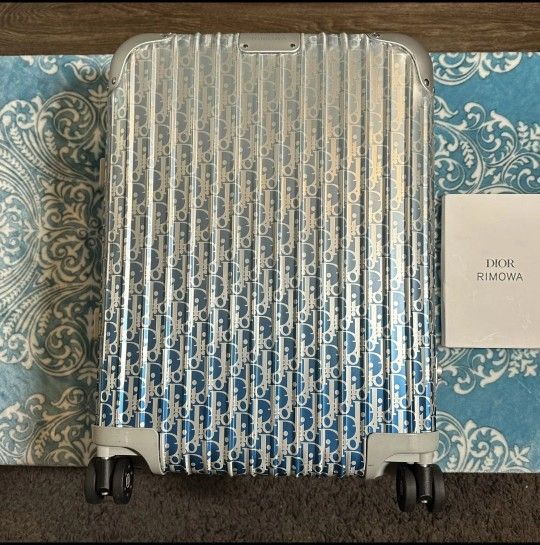 Authentic Dior x Rimowa 4-Wheel Aluminum Dior Oblique Suitcase Blue
