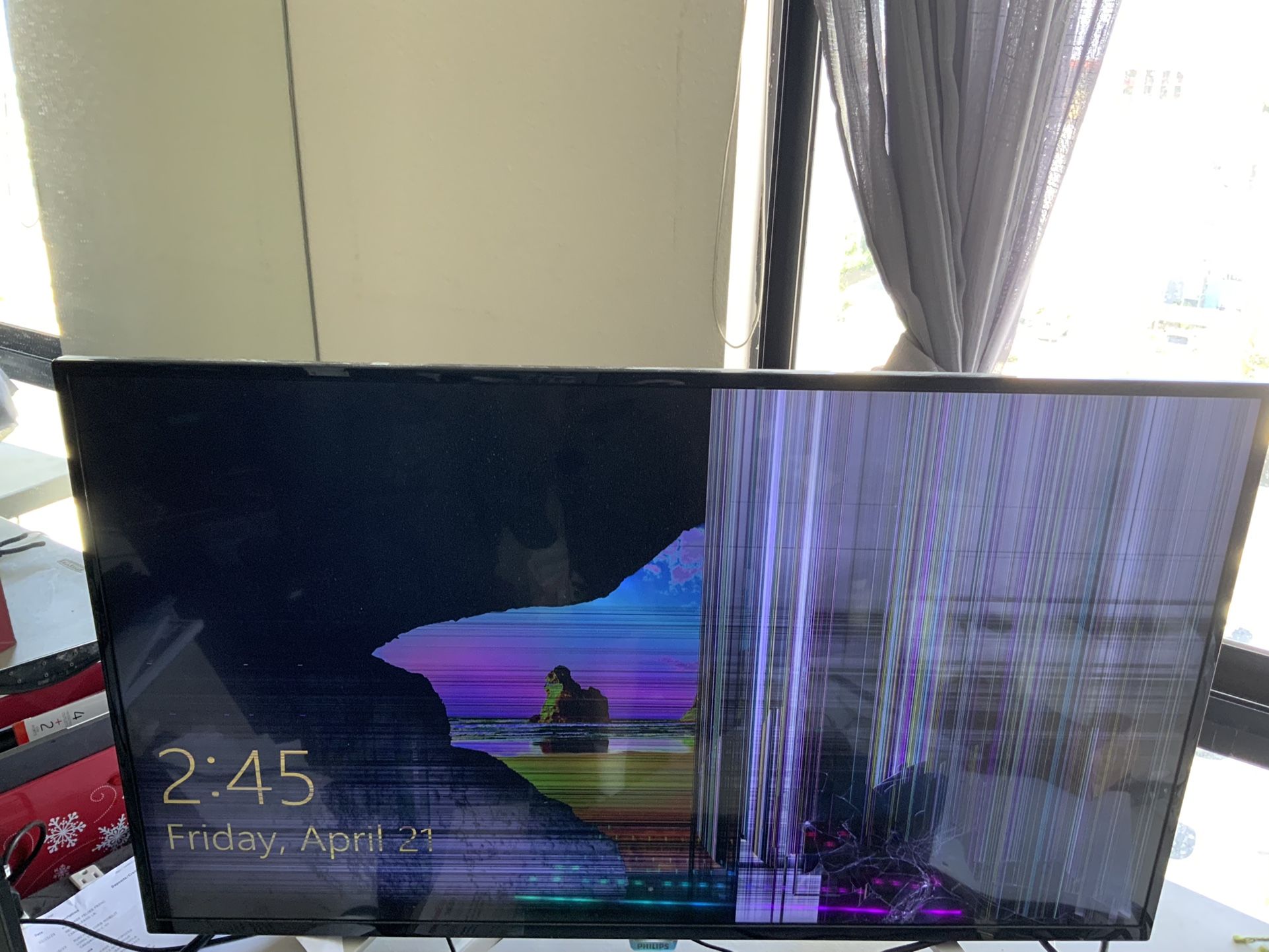 Large Phillips 4K Monitor. Cracked Screen