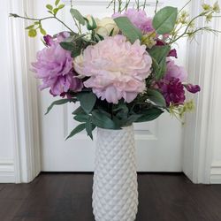 Elegant Faux Flower Arrangement – Roses & Carnations in White Ceramic Vase
