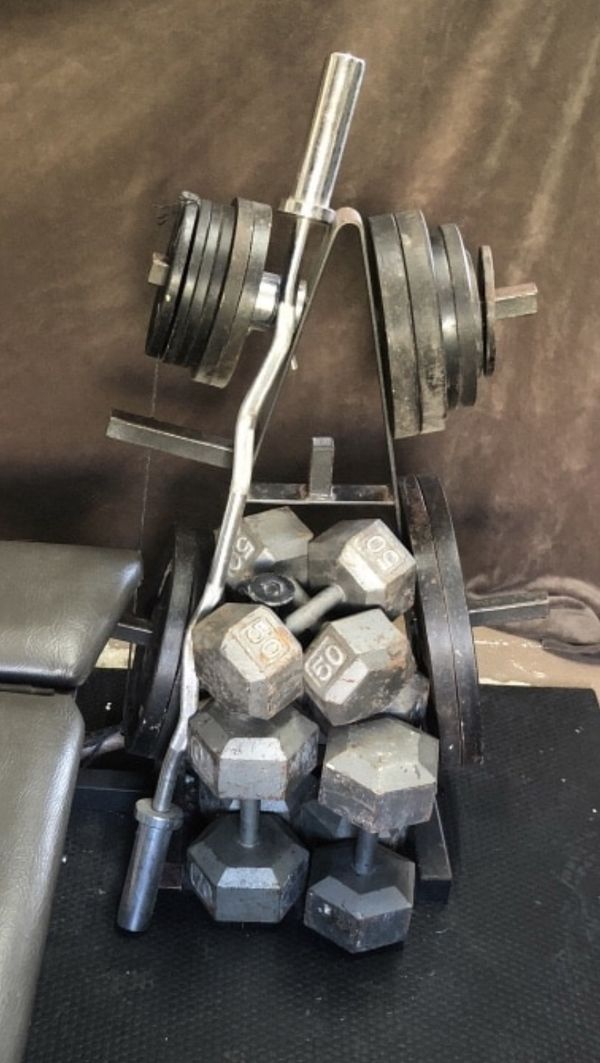 Free weights, dumbbells, straight bar & Olympic weight tree for Sale in