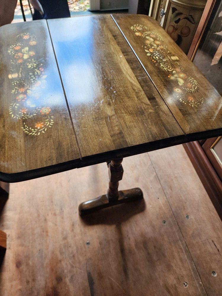 Vintage Old Tavern Pine End/Side Dropside Table With Floral Top. Sturdy and in Great Condition. 2' Long X 10 1/2" Wide X 23 1/2" High. Sides Up: 23" W