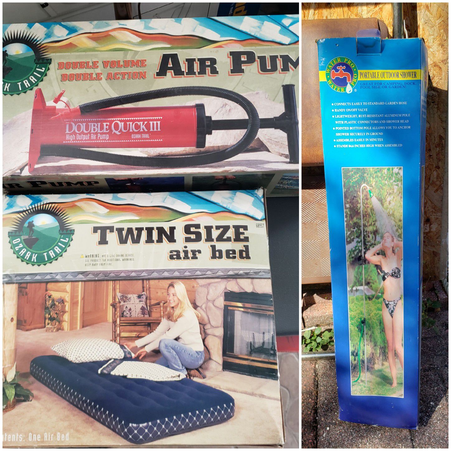twin size air mattress, pump, and outdoor shower, New
