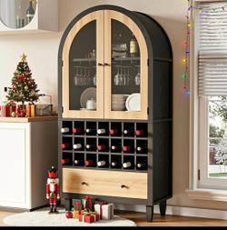 Arched Wine Bar Cabinet with 2 Glass Doors, Liquor Cabinet Wine Cabinet with Stemware Holders 🌱