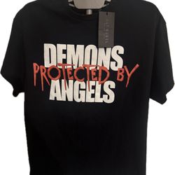 NAV x VLONE Black T-shirt with White and Red “Demons Protected by Angels” Graphic