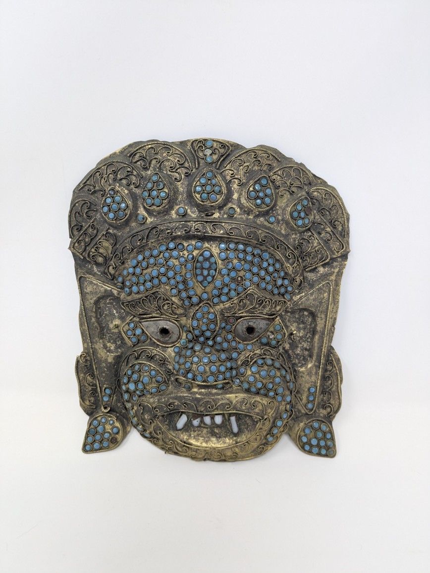 19th Century Nepalese Copper & Turquoise Mahakala Mask