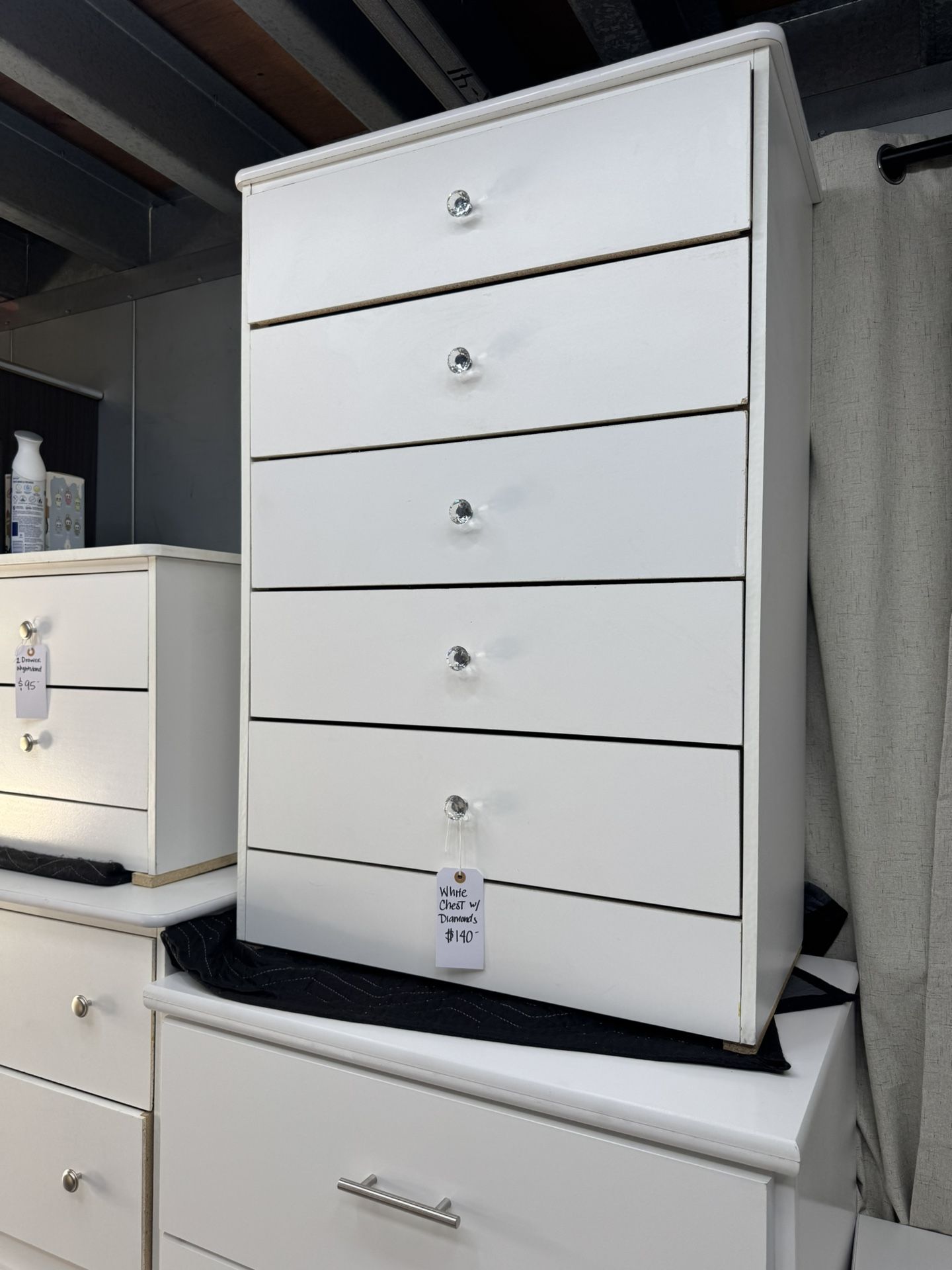 White Chest Five Drawer With Diamond Knobs 💎✨